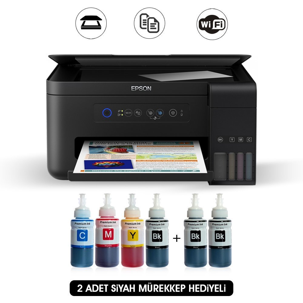 Epson Eco tank L4150 Photoink Mürekkepli Yazıcı 4 Renk Bitmeyen Kartuşlu (2 Siyah Mürekkep Hediyeli)